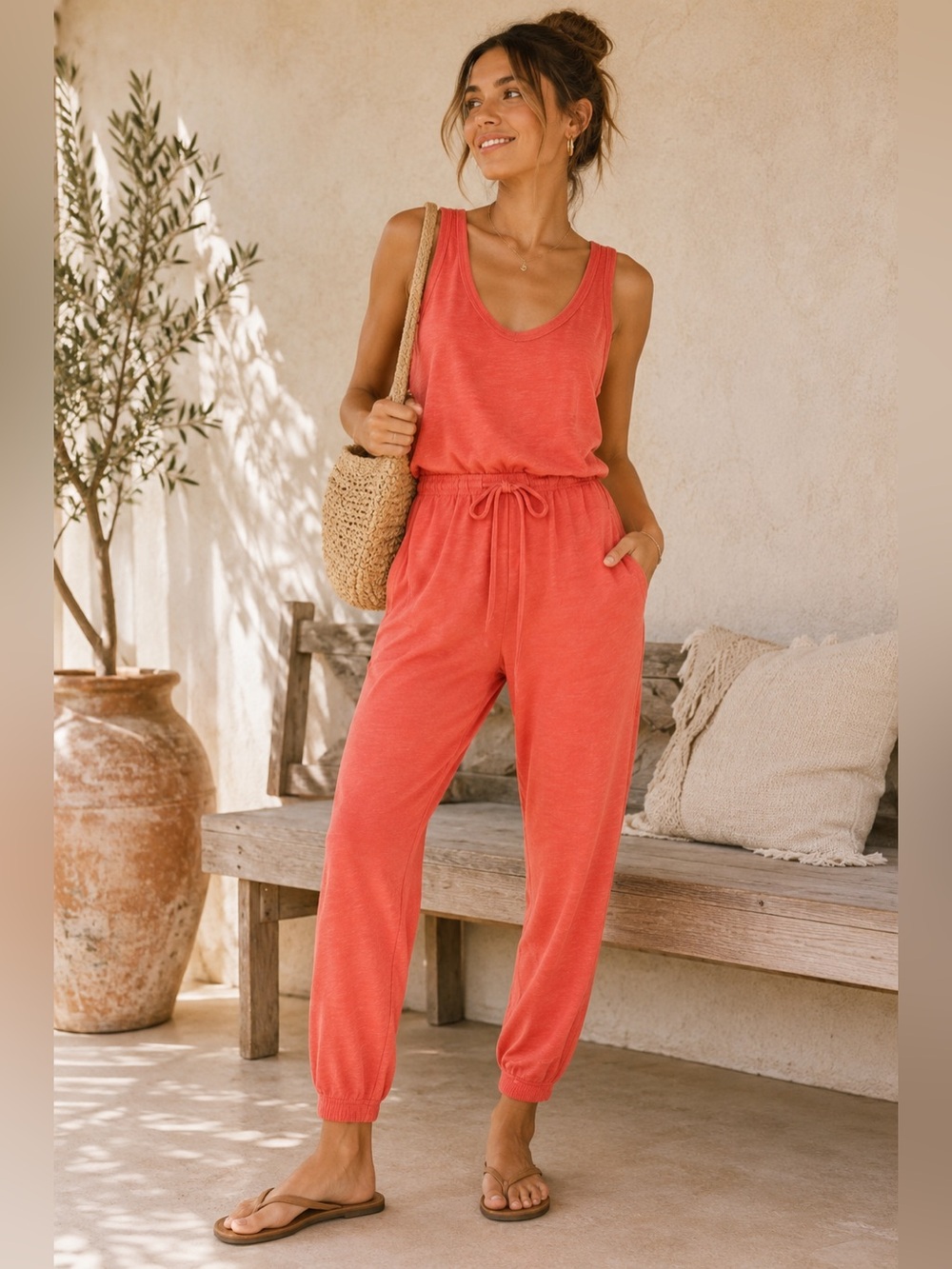 Free People FP Beach Bicoastal Jumpsuit Coral Orange Large